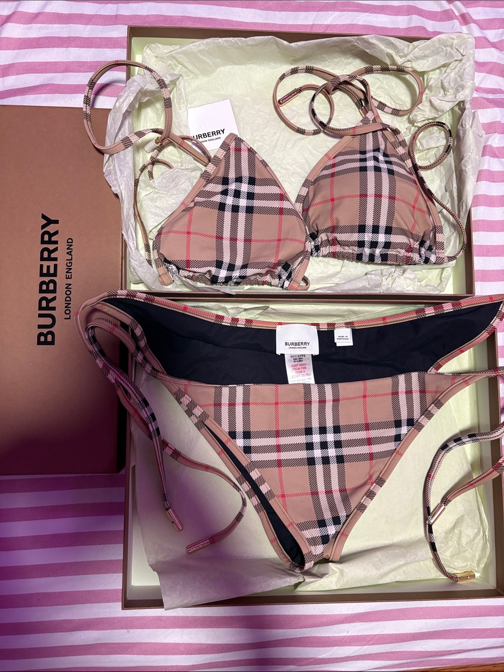 Burberry Beige Plaid Tie-String Bikini Set